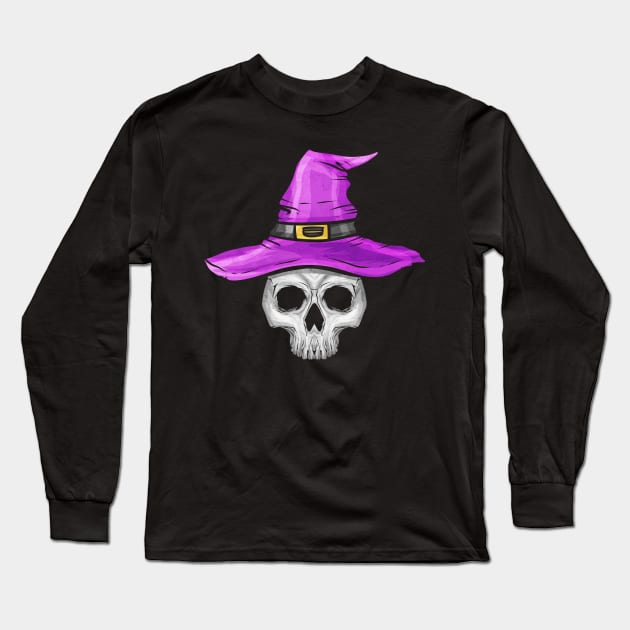 Skull wearing Witch Hat Halloween Witch Switch Long Sleeve T-Shirt by SinBle